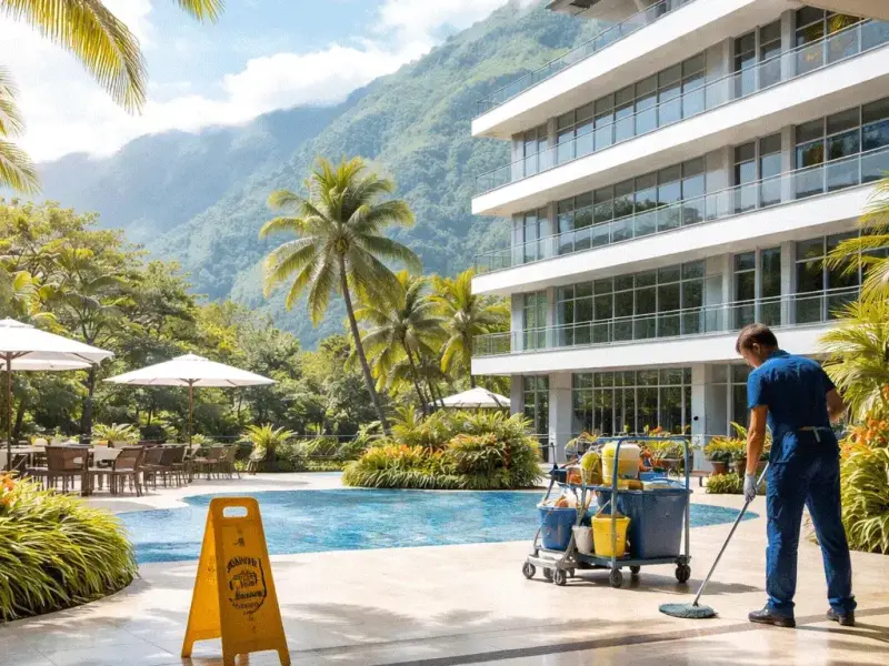 Agent d'entretien nettoyant la terrasse d'une résidence tropicale avec piscine à La Réunion, montagnes en arrière-plan