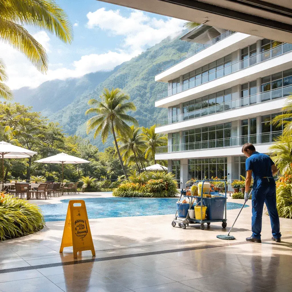 Agent d'entretien nettoyant la terrasse d'une résidence tropicale avec piscine à La Réunion, montagnes en arrière-plan